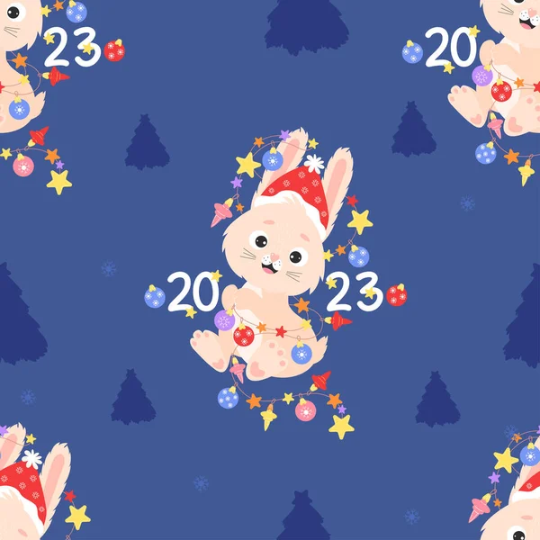 2023 Year of the Rabbit. Seamless pattern with symbol of year cute bunny character with garland on blue background with trees. Vector illustration. Chinese new year 2023 Zodiac sign Rabbit.