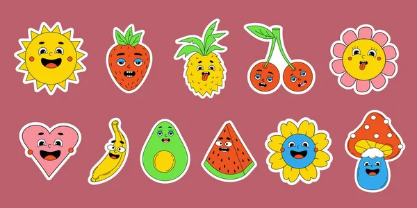 Funny Cartoon Characters Stickers Big Set Comic Elements Trendy Retro — Stockvektor