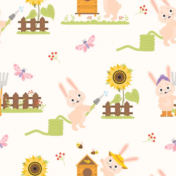 Seamless pattern with funny rabbits. cute bunny farmer with pitchfork near fence, watering sunflower from hose and beekeeper with beehive on background with butterflies and bees. Vector illustration