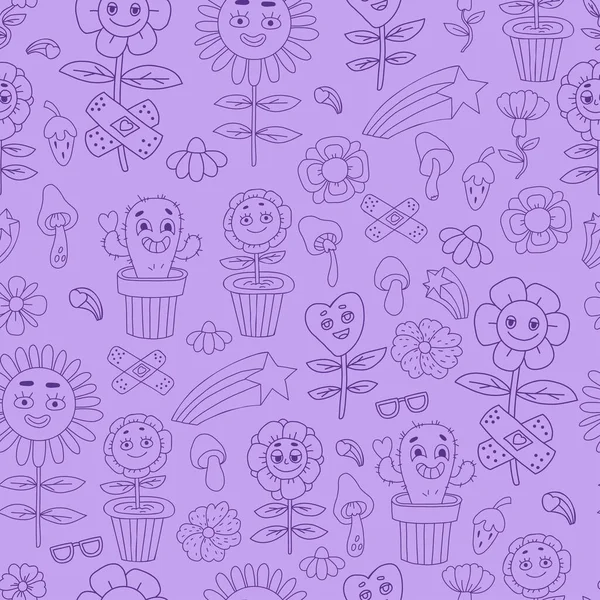 Vector Retro Seamless Pattern Groovy Elements Linear Hand Drawn Doodle — Archivo Imágenes Vectoriales