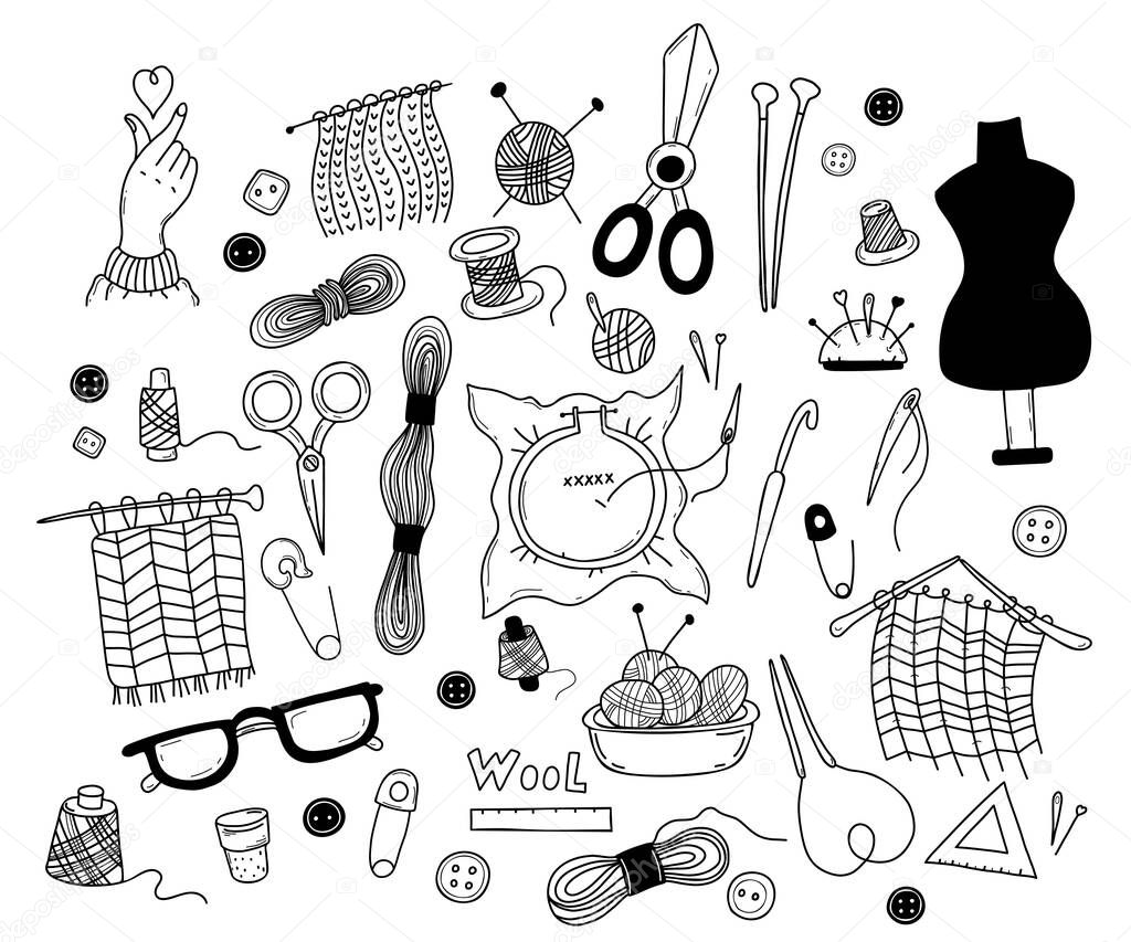Collection of hobbies, embroidery and knitting. Linear hand drawing in doodle style. Isolated vector tools knitting needles and needles, threads and skeins, spools for needlework. Outline 