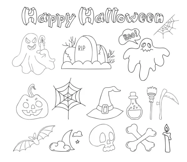 Happy Halloween Linear Hand Drawn Doodles Jack Pumpkin Ghost Web — ストックベクタ