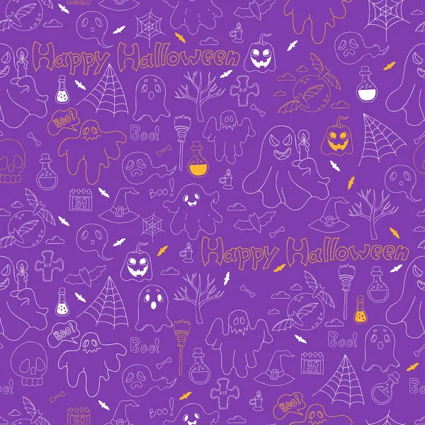Seamless Pattern Happy Halloween Linear Drawn Doodles Pumpkin Jack Ghost — Image vectorielle