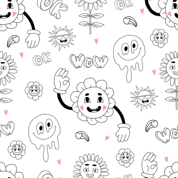 Padrão Sem Costura Retro Com Elementos Groovy Estilo Doodle Desenhado — Vetor de Stock