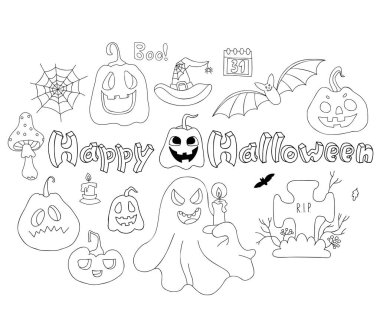 Mutlu Cadılar Bayramı koleksiyonları. Doğrusal çizilmiş balkabağı Jack, hayalet, yarasa ve örümcek ağı, mezarlık, mezar ve sihirli sinek agariği. Dekor, tasarım ve dekorasyon için vektör izole ögeler