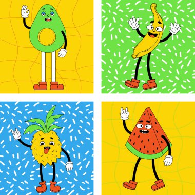 Funny cartoon characters set. Groovy elements funky fruits avocado, pineapple, banana and watermelon and with feet and gloved hands. Sticker pack, posters, prints. Comic vector trendy retro cartoon clipart