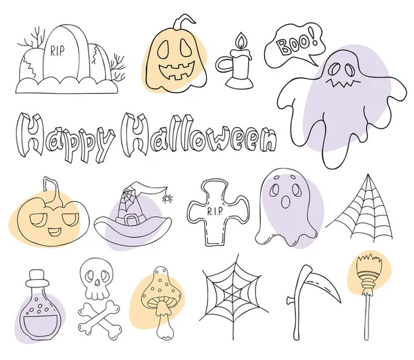 Set Doodles Happy Halloween Jack Pumpkin Ghost Skull Crossbones Grave — Stock vektor