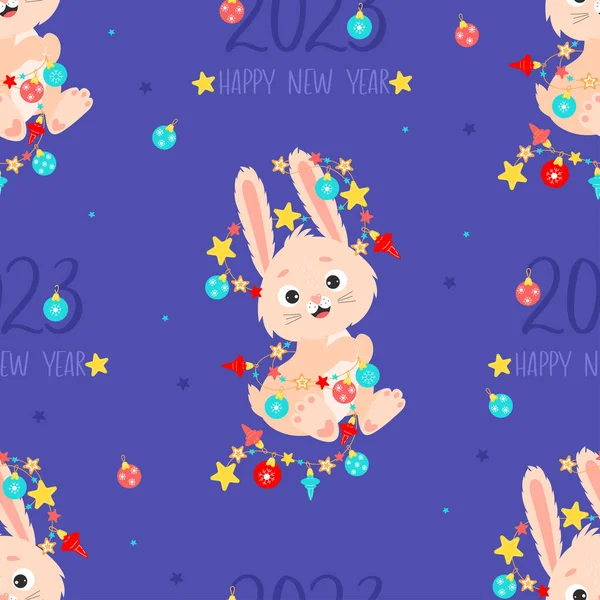 2023 Year of the Rabbit. Seamless pattern with symbol of year cute bunny character with garland on blue background Happy New Year. vector illustration. Chinese new year 2023 Zodiac sign Rabbit