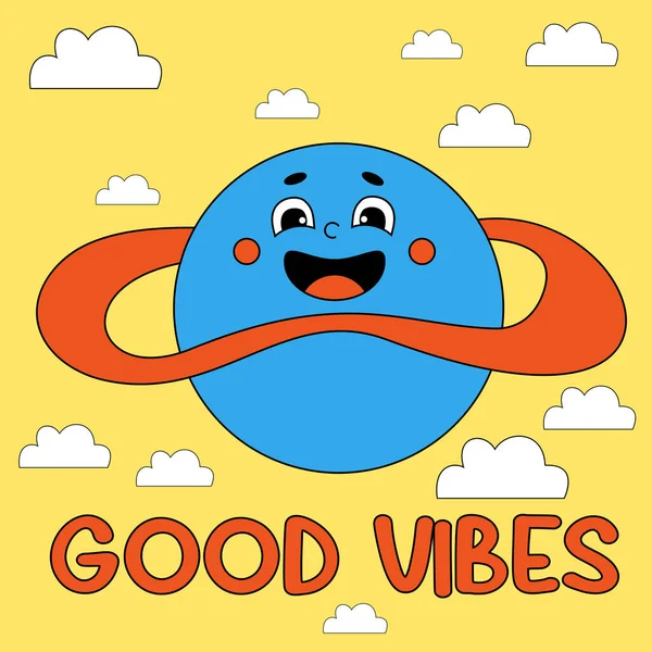 Funny Cartoon Character Groovy Element Funky Space Planet Sky Clouds — Stockový vektor