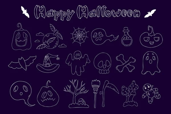 Happy Halloween Doodles Jack Pumpkin Ghost Bat Skull Crossbones Grave — Stockvektor