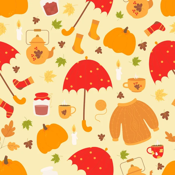 Cozy Autumn Seamless Pattern Sweater Socks Jar Jam Cup Teapot — Archivo Imágenes Vectoriales