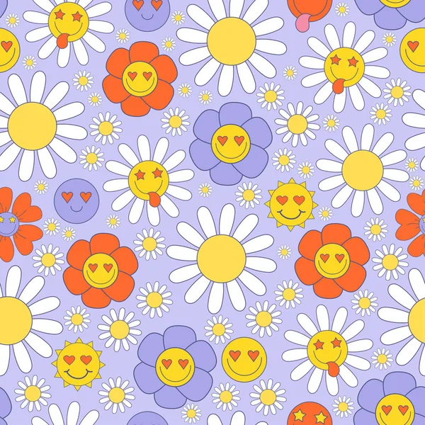 Retro Floral Seamless Pattern 70S 80S Vibes Groovy Elements Stickers — Archivo Imágenes Vectoriales