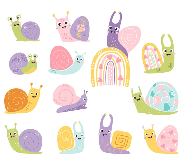 Collection Cute Snails Funny Insects Decorative Snail Characters Rainbow Hearts — Archivo Imágenes Vectoriales