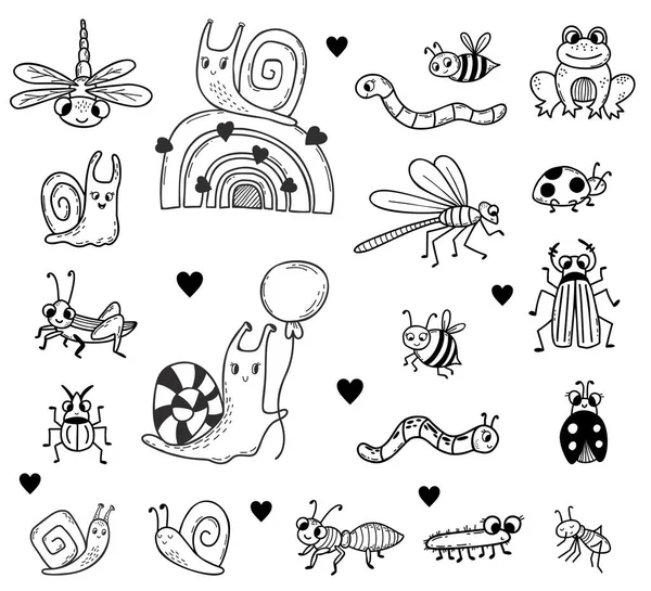 Set Insects Frog Snail Rainbow Beetles Spider Dragonfly Bee Ladybug — Stockvector