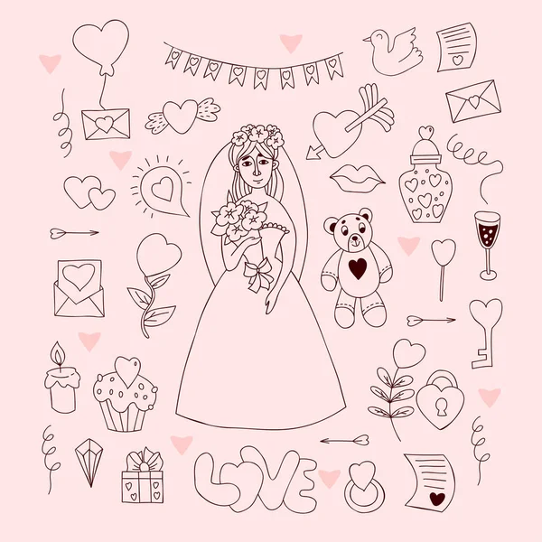 Collection Wedding Doodles Cute Girl Bride Wedding Dress Veil Bouquet — ストックベクタ