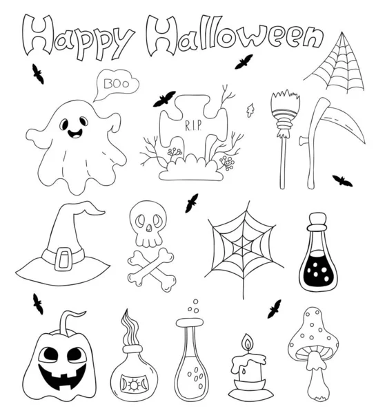 Doodle Set Happy Halloween Jack Pumpkin Ghost Skull Crossbones Grave — Archivo Imágenes Vectoriales