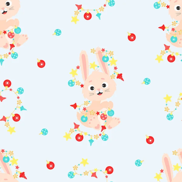 2023 Year of the Rabbit. Seamless pattern with symbol of year cute bunny character with garland on light background with Christmas balls. vector illustration. Chinese new year 2023 Zodiac sign Rabbit 