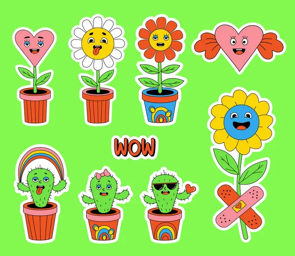 Stickers Funny Cartoon Characters Funny Faces Collection Comic Elements Trendy — 图库矢量图片