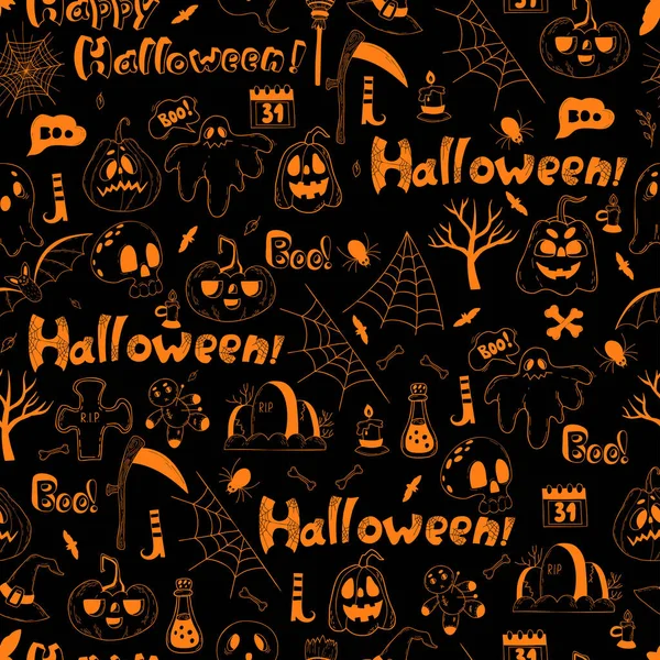 Seamless Pattern Halloween Jack Pumpkin Ghost Grave Skull Bones Bats — Διανυσματικό Αρχείο