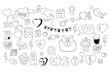 Collection, love, romance and wedding doodles. Letters of love, cupids arrow, sweets, lock, key, champagne and glass, broken, wounded heart, gender signs and love bird. Isolated vector line drawings
