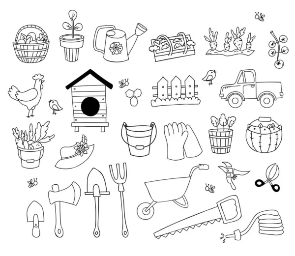 Agricultural Farm Doodles Truck Potted Seedlings Beehive Garden Tools Shovel — 图库矢量图片