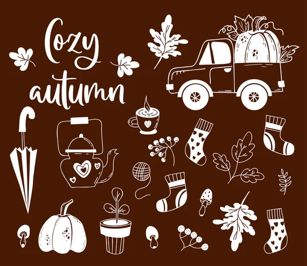 Gemütliche Herbstliche Kritzeleien Kürbiswagen Beeren Und Herbstblätter Blumentopf Fliegenpilz Kürbis — Stockvektor
