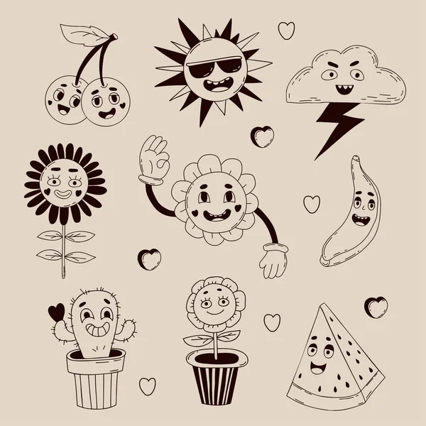 Vector Clipart Retro Groovy Elements Funny Characters Faces Funky Flower —  Vetores de Stock