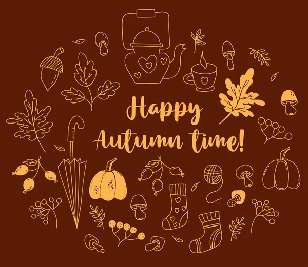 Happy Autumn Time Set Teapot Cup Acorn Mushrooms Autumn Leaves — Stockvektor