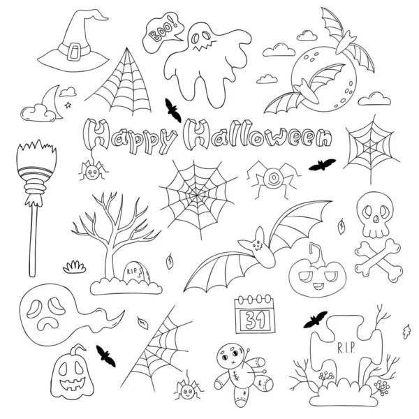 Happy Halloween Doodle Set Jack Pumpkin Skull Bones Ghost Bat — Stockvektor