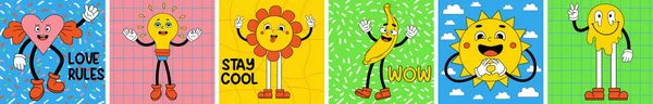 Set Groovy Retro Cartoon Stickers Funny Comic Characters Faces Gloved — 스톡 벡터