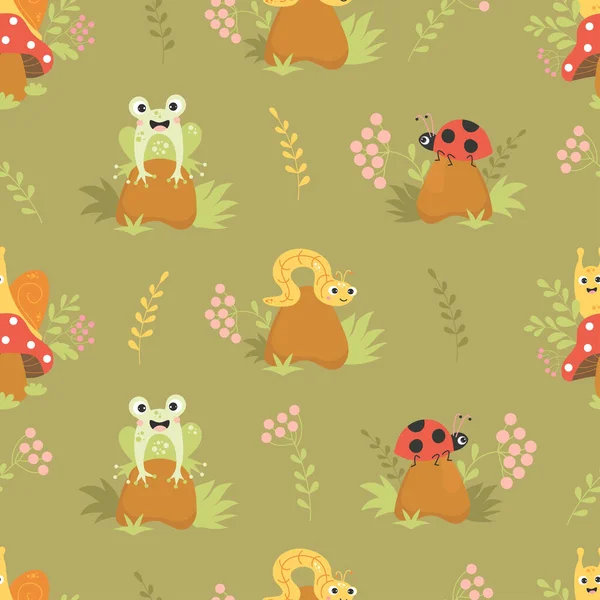 Seamless pattern with forest insects. Cute snail on fly agaric mushroom, lucky frog, worm and ladybug on stone in grass on green background. Vector illustration. Kids collection with forest characters