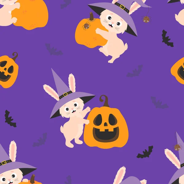 Cute Halloween Seamless Pattern Funny Halloween Rabbit Witch Hat Spider — Stockvektor