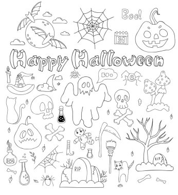 Büyük karalamalar Mutlu Cadılar Bayramı. Balkabağı, hayalet, yarasa ve kafatası ve çapraz kemikler, mezarlık, mezar, sinek ve cadı iksiri. Dekor, tasarım, dekorasyon için izole edilmiş vektör ana hatları ögeleri