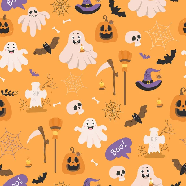 Seamless Pattern Halloween Cute Halloween Background Jack Pumpkin Ghost Grave — Vetor de Stock