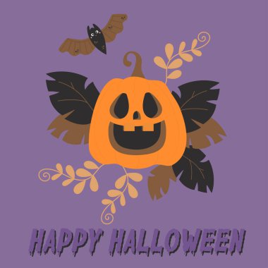 Poster Mutlu Cadılar Bayramı. Şirin Balkabağı Jack. Sopalı ve yapraklı turuncu balkabağı feneri. Tatil dekorasyonu, kartlar, tasarım ve dekorasyon için vektör illüstrasyonu, yazdırma