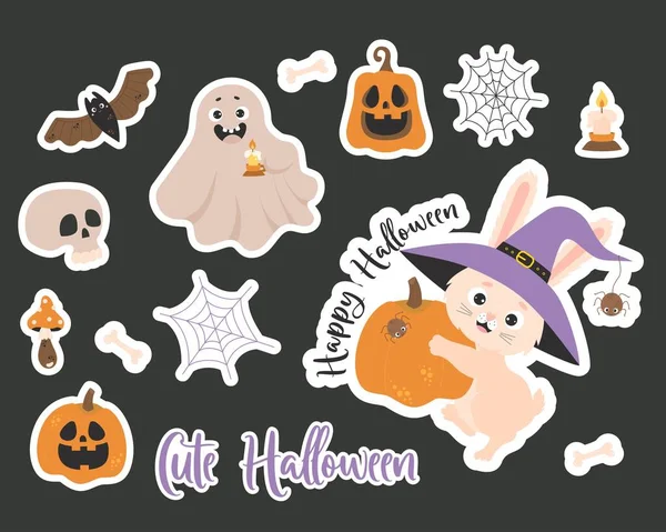 Halloween Stickers Cute Rabbit Character Witch Hat Pumpkin Spider Pumpkin — Stockvektor