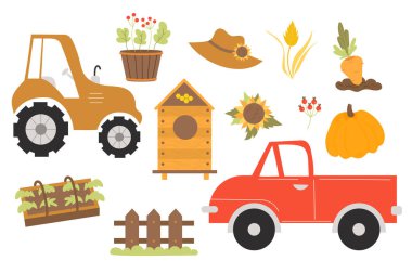 Farming collection. Tractor and car truck, potted seedlings, beehive, sunflower, straw hat and pumpkin, carrot bed, greenhouse with plants and wooden fence. Vector illustration. isolated elements