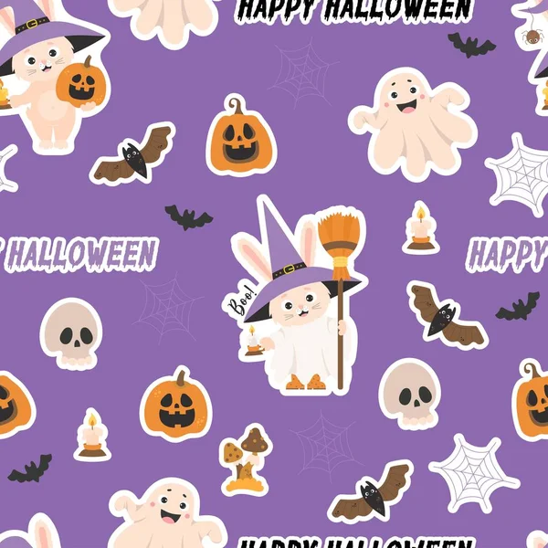 Seamless Pattern Halloween Stickers Cute Rabbit Witch Hat Broom Pumpkin — 스톡 벡터