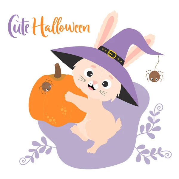 Poster Cute Halloween Funny Rabbit Witchs Hat Spider Carries Large — Stock vektor