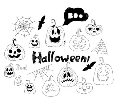 Halloween collection. Jack pumpkins, bat and web. Vector linear hand drawings in doodle style. Isolated elements for decor, design, holiday decoration, postcards and print
