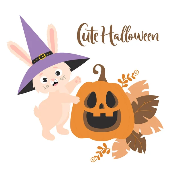 Cute Halloween Funny Rabbit Witchs Hat Pumpkin Jack Lantern Vector — Stock vektor