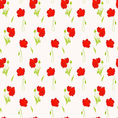 Floral seamless pattern. Red poppies with buds and leaves on white background. Vector illustration. Botanical pattern with poppy flowers for decor, design, packaging, wallpaper, textile and print