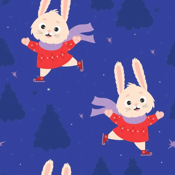 Seamless pattern with cute bunny in sweater and scarf skating on blue background with decor and trees. Vector illustration. New Year 2023 is Year of the Rabbit according to Chinese zodiac