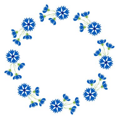 Round frame with blooming blue flowers cornflowers. Postcard napkin, decoration. Vector illustration. Floral pattern for decor, design, print and napkins