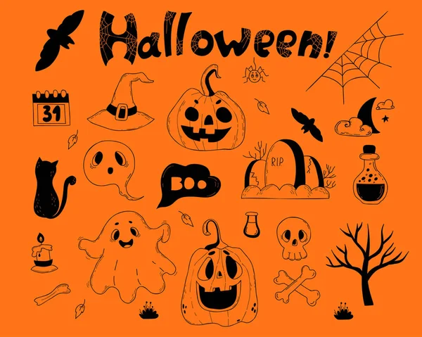 Collection Doodles Halloween Jack Pumpkin Ghost Bat Web Grave Skull — Stok Vektör