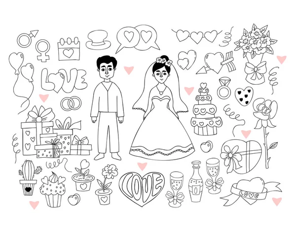 Wedding Doodle Set Newlyweds Bride Wedding Dress Groom Gifts Wedding — Wektor stockowy