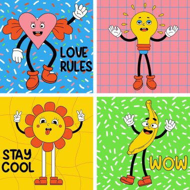 Set groovy retro cartoon stickers with funny comic characters with faces, gloved hands and feet. Trendy cartoon power flowers, heart, banana. Vector Sticker pack, posters