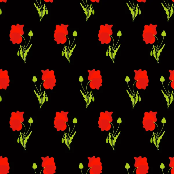 Seamless Pattern Red Poppies Buds Leaves Black Background Vector Illustration — Stock Vector
