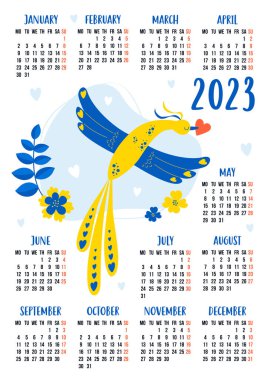Yearly calendar for 2023 with decorative yellow and blue good luck bird with heart and flowers. Vector illustration. Vertical template for 12 months in English. week starts on Monday. Stationery