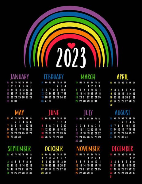 Calendar 2023 with LGBTQ Symbol with rainbow. LGBT flag Rainbow colors. Vector illustration. Vertical template for 12 months in English on black background. week on Sunday. Stationery, print, decor